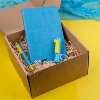 Набор COLORSPRING: аккумулятор, ручка, бизнес-блокнот, коробка со стружкой, голубой/желтый, изображение 3