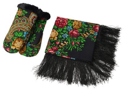 Набор: Павлопосадский платок, рукавицы, черный/разноцветный — 94728_2, изображение 1