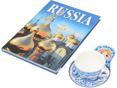 Набор Моя Россия: чайно-кофейная пара Матрешка, гжель и книга Россия на англ. языке, изображение 1