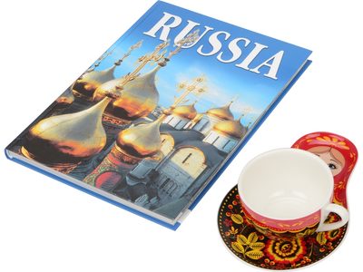 Набор Моя Россия: чайно-кофейная пара Матрешка, хохлома и книга Россия на англ. языке, изображение 1