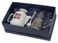 Чайный набор с подстаканником и фарфоровым чайником ЭГОИСТ-М, серебристый/белый, изображение 1