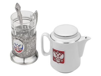 Чайный набор с подстаканником и фарфоровым чайником ЭГОИСТ-М, серебристый/белый, изображение 2