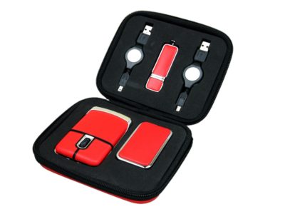 Подарочный набор USB-SET в кожанном исполнении в коробочке на 128 Гб, красный, изображение 1