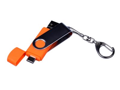 USB-флешка на 32 Гб поворотный механизм, c двумя дополнительными разъемами MicroUSB и TypeC, оранжевый, изображение 4