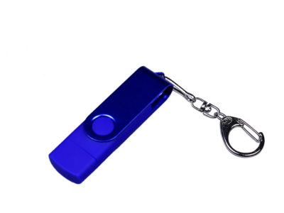 USB-флешка на 32 Гб 3 в 1 поворотный механизм, c двумя дополнительными разъемами MicroUSB и TypeC C с одноцветным металлическим клипом, синий, изображение 1