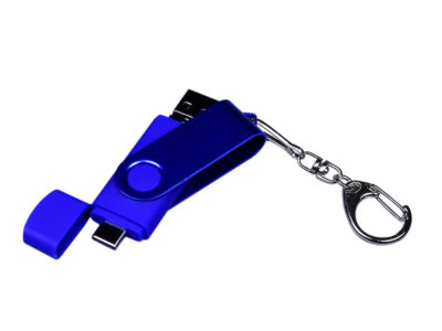 USB-флешка на 32 Гб 3 в 1 поворотный механизм, c двумя дополнительными разъемами MicroUSB и TypeC C с одноцветным металлическим клипом, синий, изображение 4