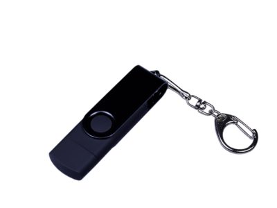 USB-флешка на 32 Гб 3 в 1 поворотный механизм, c двумя дополнительными разъемами MicroUSB и TypeC C с одноцветным металлическим клипом, черный, изображение 1