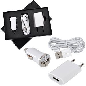 Набор «USB 3 в 1»: зарядное устройство от сети,от автомобильного прикуривателя и провод-адаптер для iPhone и iPad, изображение 1