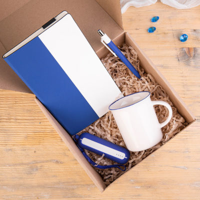 Набор подарочный BESTIAMO: кружка, блокнот, аккумулятор, ручка, коробка со стружкой, белый/синий, изображение 2