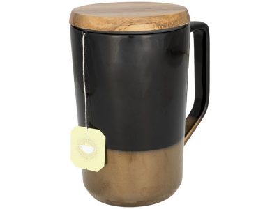 Керамическая кружка Tahoe для чая и кофе с деревянной крышкой, черный, изображение 2