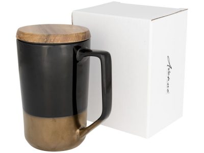 Керамическая кружка Tahoe для чая и кофе с деревянной крышкой, черный, изображение 6