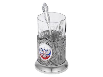 Подстаканник с хрустальным стаканом и ложкой РОССИЙСКИЙ-М, серебристый/прозрачный, изображение 2