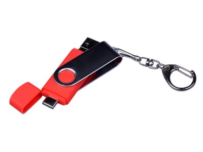 USB-флешка на 32 Гб поворотный механизм, c двумя дополнительными разъемами MicroUSB и TypeC, красный, изображение 4