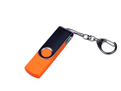 USB-флешка на 32 Гб поворотный механизм, c двумя дополнительными разъемами MicroUSB и TypeC, оранжевый, изображение 1
