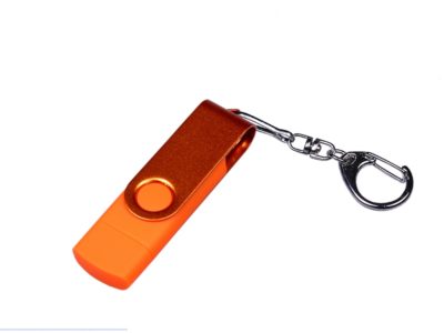 USB-флешка на 32 Гб 3 в 1 поворотный механизм, c двумя дополнительными разъемами MicroUSB и TypeC C с одноцветным металлическим клипом, оранжевый, изображение 1